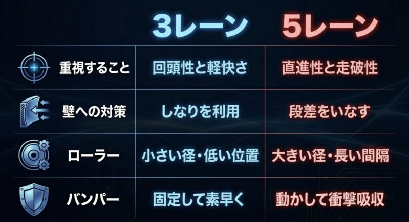 3レーン（回頭性・しなり）と5レーン（直進性・走破性）のセッティング項目別比較表
