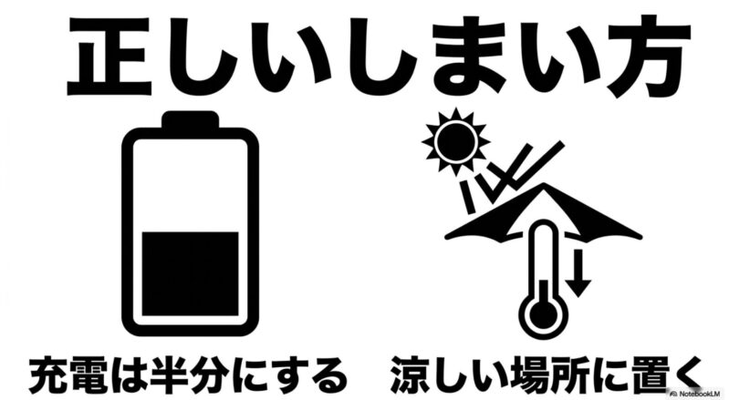 バッテリーを半分程度残し、涼しい場所で保管するというハンディファンの正しいしまい方の図解