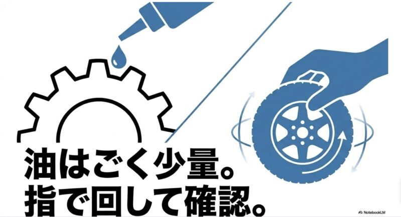 油はごく少量にし、指で回して確認するというグリスアップの基本