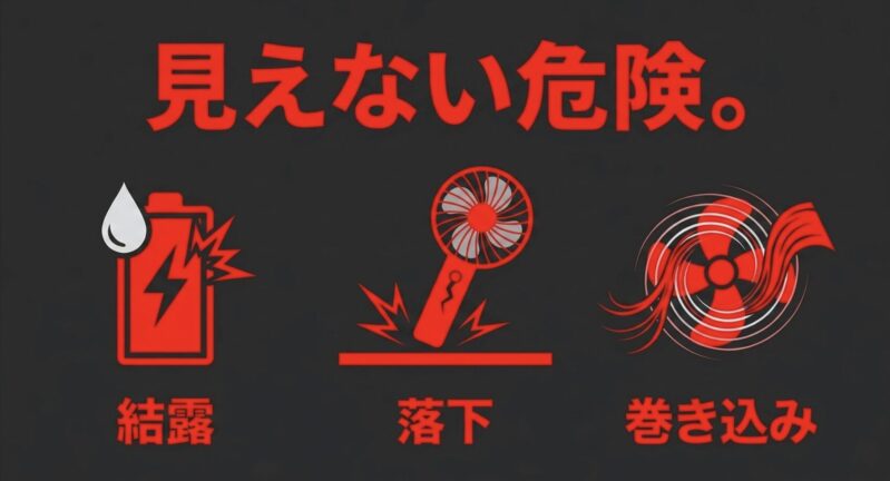 ペルチェ式ハンディファンの利用時に注意すべき結露、落下によるバッテリー発火、巻き込み事故などの危険性