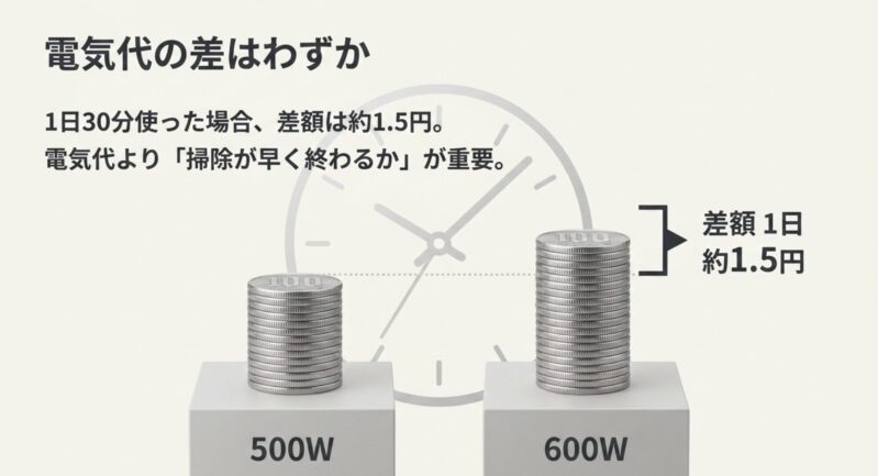 掃除機500Wと600Wを1日30分使った場合の電気代の差額