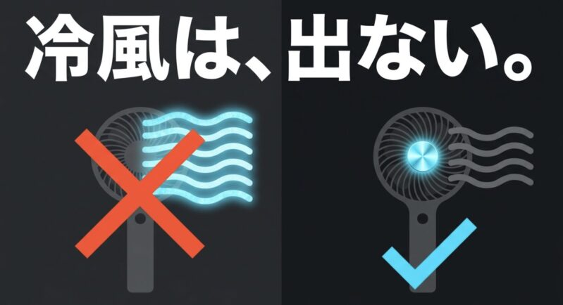 冷風が出ないペルチェ式ハンディファンの注意点と誤解を表すスライド