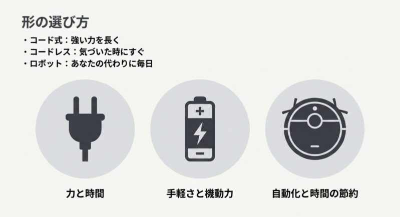 コード式、コードレス式、ロボット掃除機それぞれの強みと最適な選び方