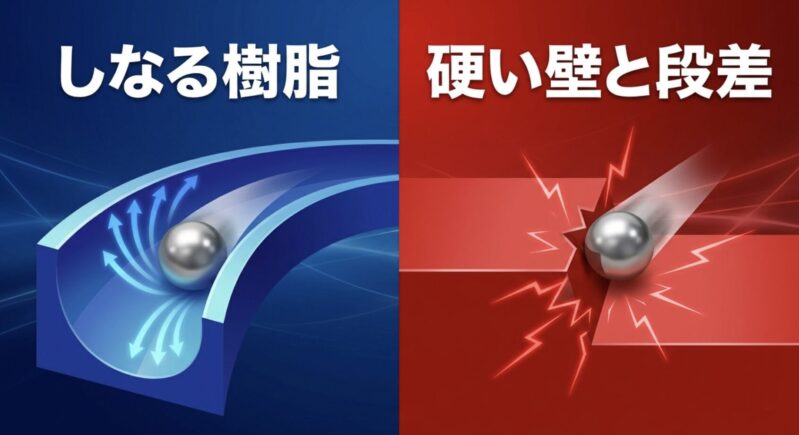 3レーンのしなる樹脂と5レーンの硬い壁・段差の違い