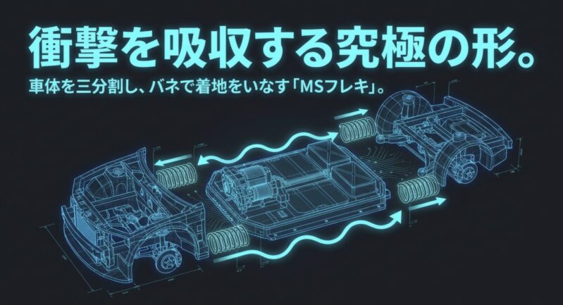 車体を三分割し、バネで着地をいなすことで衝撃を吸収する「MSフレキ」の構造図