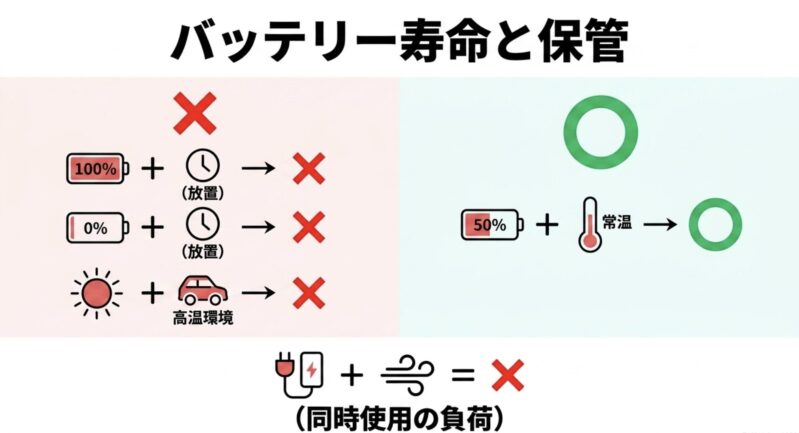 ハンディファンのバッテリーを長持ちさせるための50パーセント残量と常温保管の推奨イラスト