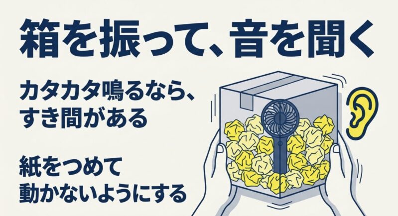 梱包した箱を振って音が鳴る場合は、すき間を紙で埋めて動かないようにする