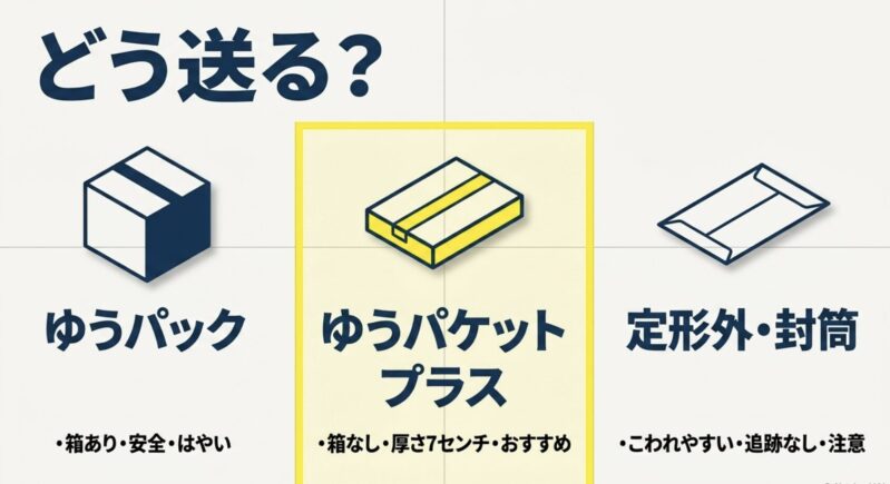 ゆうパック、ゆうパケットプラス、定形外郵便の安全性と厚さに関する特徴の比較