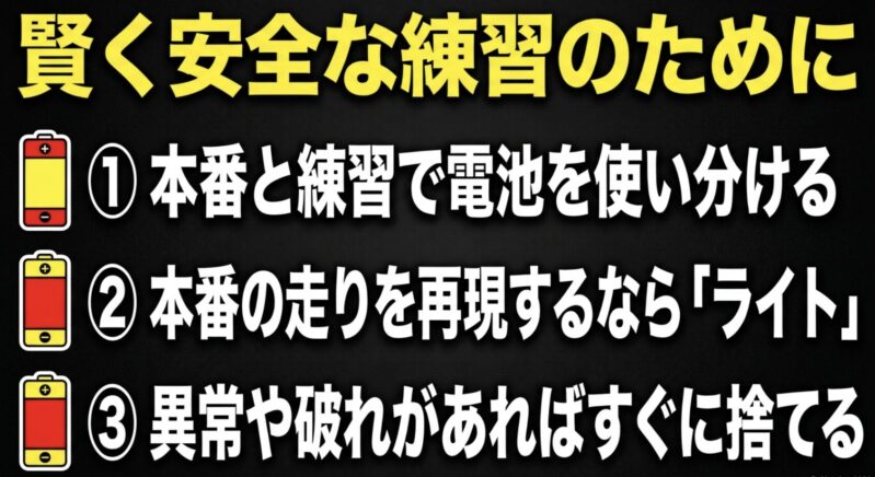賢く安全な練習のために、本番と練習で電池を使い分けること、本番再現にはライトを選ぶこと、異常があればすぐ捨てることの3点をまとめたスライド