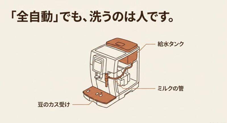 全自動コーヒーメーカーでも人の手で洗う必要がある給水タンク、ミルクの管、豆のカス受けの位置図