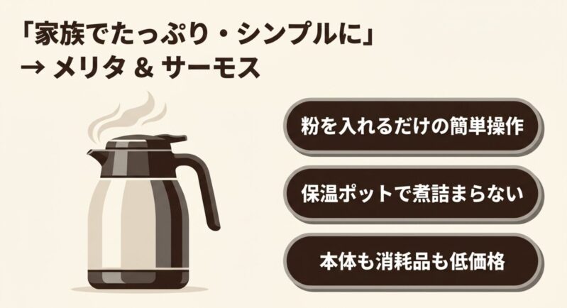 家族でたっぷりシンプルに楽しみたい人向けのメリタとサーモス。粉を入れるだけの簡単操作と低価格が魅力
