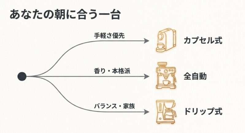 優先順位（手軽さ優先・香り本格派・バランス重視）から選ぶおすすめコーヒーメーカー診断チャート