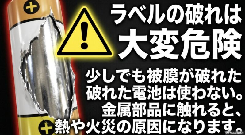 少しでも被膜やラベルが破れた電池は、金属部品に触れると熱や火災の原因になるため大変危険であることを伝える警告