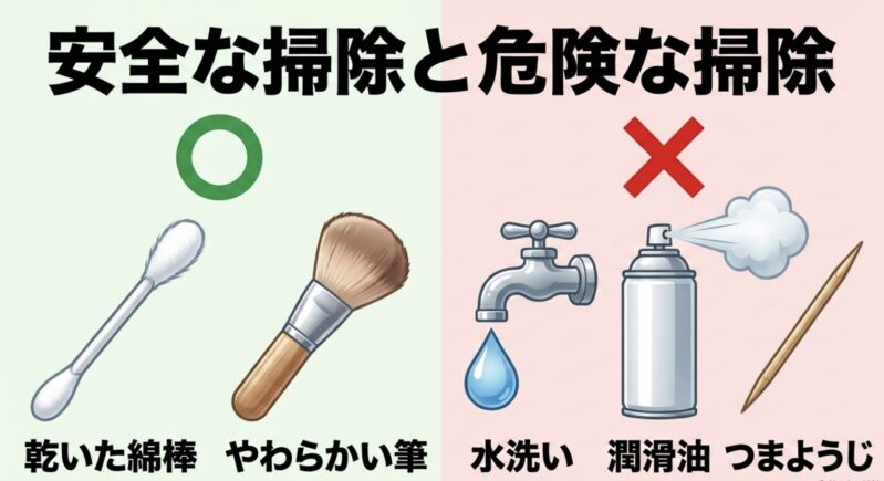 ハンディファンの安全な掃除と危険な掃除（乾いた綿棒ややわらかい筆は安全、水洗い・潤滑油・つまようじはNG）