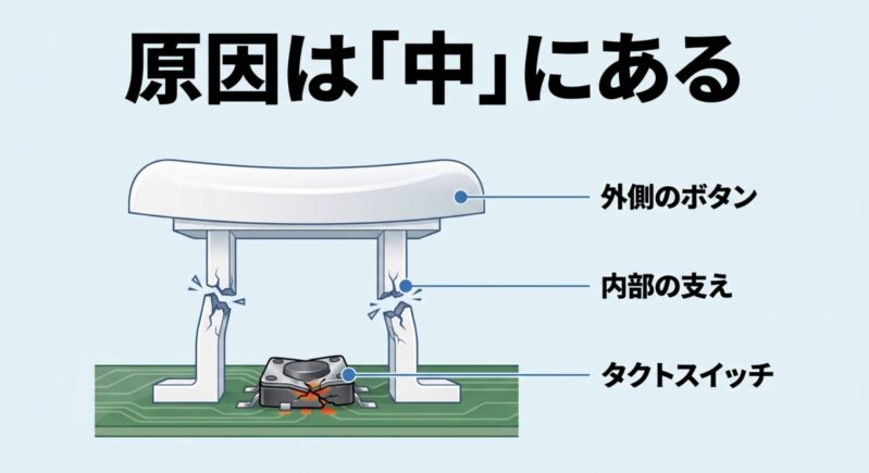 ハンディファンのボタン内部構造（外側のボタン、内部の支え、タクトスイッチ）