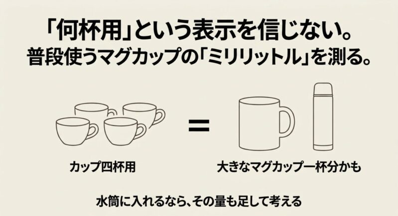 何杯用」という表示を信じない。普段使うマグカップの「ミリリットル」を測る。カップ四杯用は大きなマグカップ一杯分かも。水筒に入れるなら、その量も足して考える。
