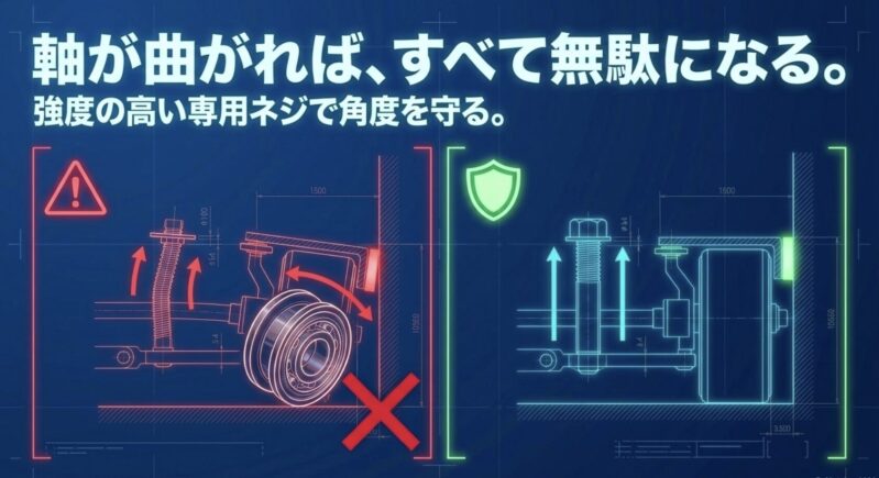 ローラーの軸が曲がればすべて無駄になる ことを防ぐため、強度の高い専用ネジで角度を守る  重要性を警告する図