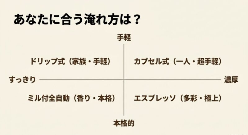 ドリップ式、カプセル式、ミル付全自動、エスプレッソ式の4つの抽出方式と特徴を比較したマトリクス図