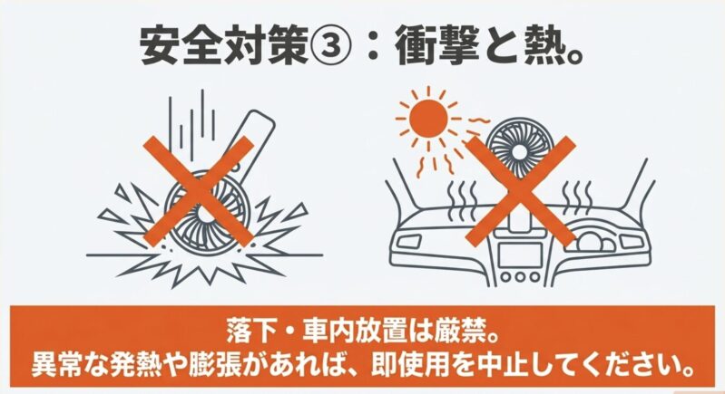 ハンディファンの落下による衝撃や真夏の車内放置による発熱・膨張の危険性