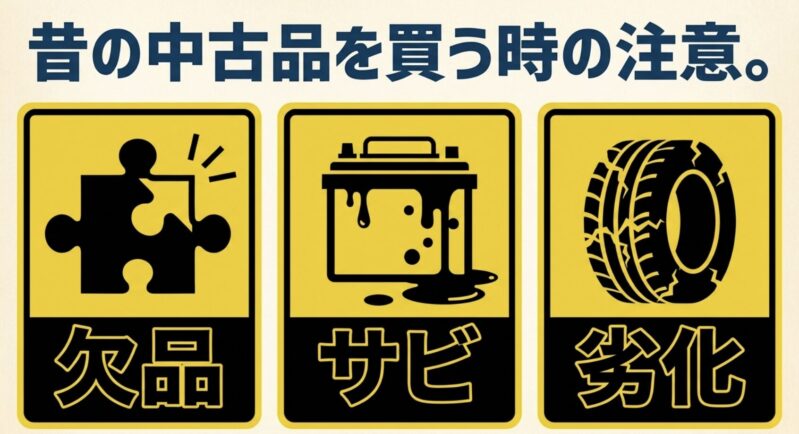 ひび割れた劣化したタイヤのイラストと、昔の中古品を買う際の欠品やサビへの注意喚起