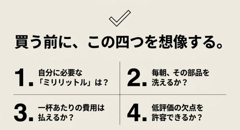買う前に、この四つを想像する。1.自分に必要な「ミリリットル」は？ 2.毎朝、その部品を洗えるか？ 3.一杯あたりの費用は払えるか？ 4.低評価の欠点を許容できるか？