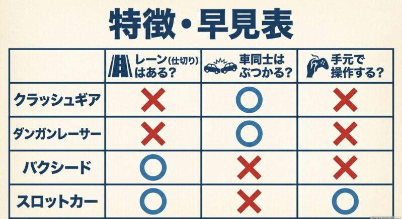 クラッシュギア、ダンガンレーサー、バクシード、スロットカーのレーン有無やぶつかるかどうかの特徴早見表