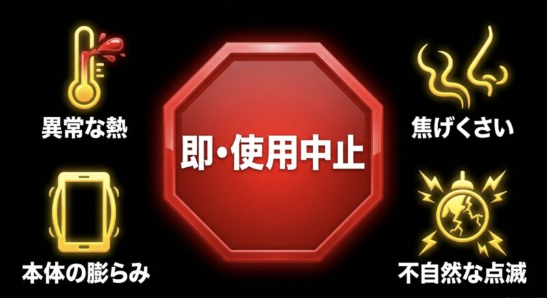 リチウムイオン電池の異常サイン（異常な熱、焦げくさい、本体の膨らみ、不自然な点滅がある場合は即・使用中止）
