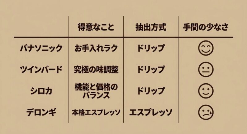パナソニック、ツインバード、シロカ、デロンギの得意なことと抽出方式の比較表