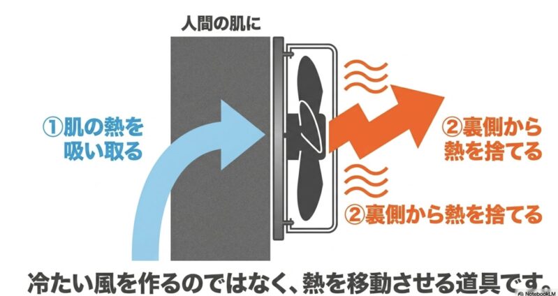 ペルチェ素子による冷却プレートが肌の熱を吸い取り裏側から捨てる仕組みの図解