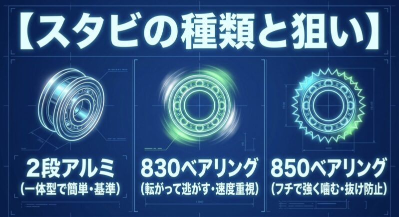 2段アルミ、830ベアリング、850ベアリングなど、スタビの種類とそれぞれの狙いをまとめた図