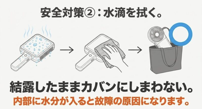 結露したハンディファンは水滴を拭き取りカバンにそのまましまわない