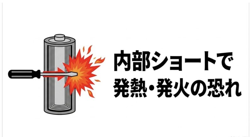 マイナスドライバーを刺して内部ショートし発火するリチウム電池のイラスト