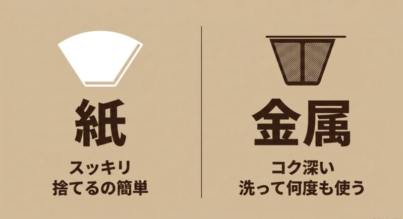 紙フィルター（スッキリ）と金属フィルター（コク深い）の特徴と手間の違い