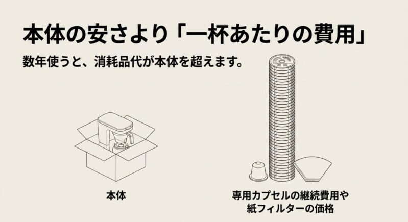 本体の安さより「一杯あたりの費用」。数年使うと、消耗品代が本体を超えます。専用カプセルの継続費用や紙フィルターの価格。