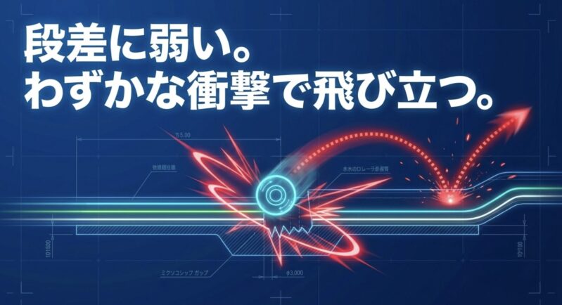 9mmローラーが段差に弱く 、わずかな衝撃で飛び立つ  リスクを警告する図解
