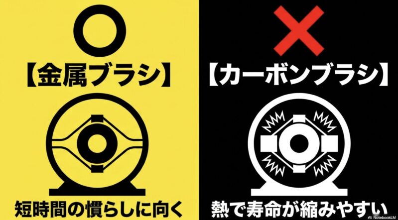 短時間の慣らしに向く金属ブラシと、熱で寿命が縮みやすいため向いていないカーボンブラシを比較した図解スライド