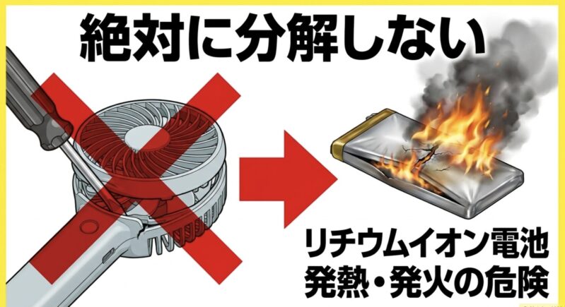 ハンディファンは絶対に分解しない（リチウムイオン電池の発熱・発火の危険性）