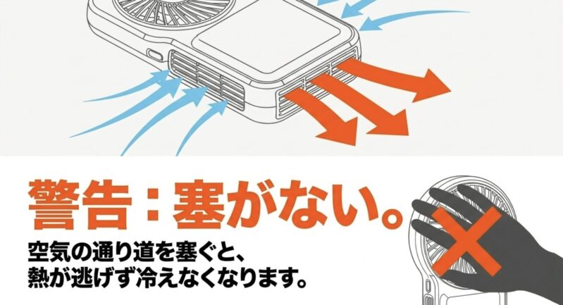 ハンディファンの空気の通り道を塞ぐと熱が逃げず冷えなくなるため注意