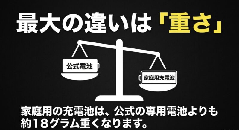 家庭用の充電池は公式専用電池よりも約18グラム重くなることを、天秤を用いて比較した図解