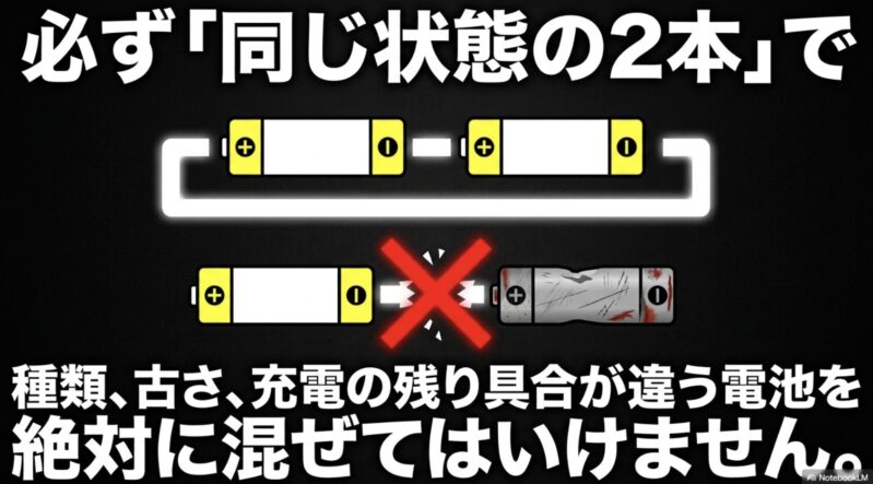 ミニ四駆の電池管理において、種類、古さ、充電の残り具合が違う電池を絶対に混ぜてはいけないことを示す図