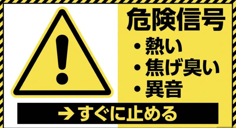 モーターが熱い、焦げ臭い、異音がするといった危険信号が出た場合はすぐに通電を止めるよう警告するスライド