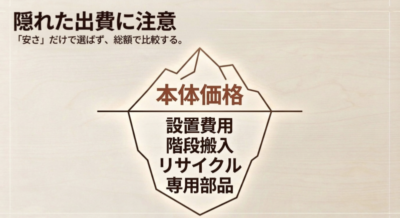 隠れた出費に注意。「安さ」だけで選ばず、総額で比較する。氷山の一角である本体価格の下には、設置費用、階段搬入、リサイクル、専用部品などの費用が隠れている。