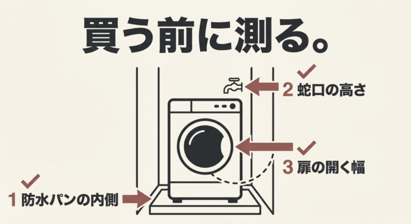 買う前に測る3つのポイント:1.防水パンの内側、2.蛇口の高さ、3.扉の開く幅