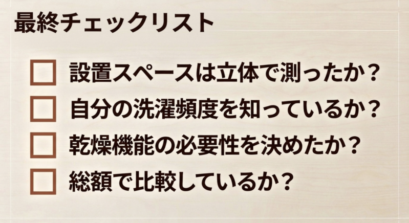 最終チェックリスト。設置スペースは立体で測ったか?自分の洗濯頻度を知っているか?乾燥機能の必要性を決めたか?総額で比較しているか?