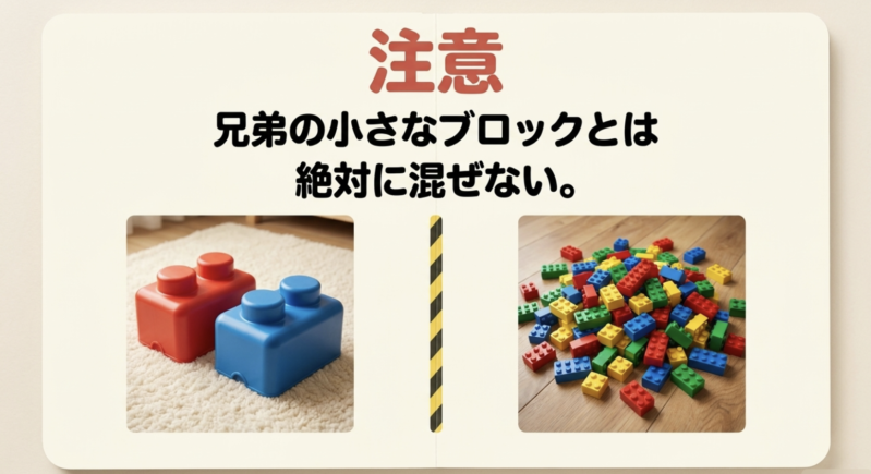 兄弟の使う小さな標準サイズのレゴと幼児のデュプロは絶対に混ぜないという注意喚起