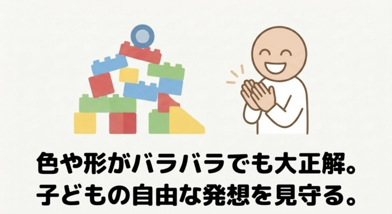笑顔の人物のイラストと「色や形がバラバラでも大正解。子どもの自由な発想を見守る。」というメッセージ