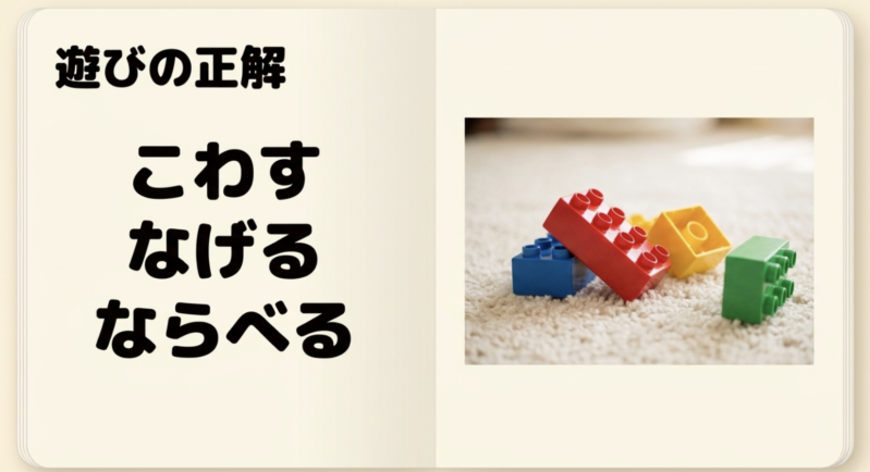 こわす、なげる、ならべることも幼児のブロック遊びの正解であるという解説