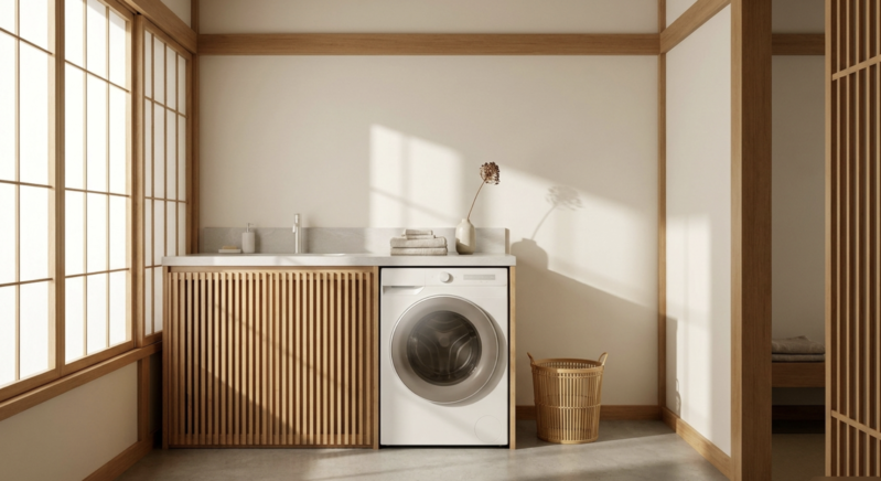 部屋に設置されたおしゃれな白い洗濯機