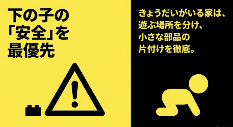 下の子の「安全」を最優先!きょうだいがいる家は、遊ぶ場所を分け、小さな部品の片付けを徹底。