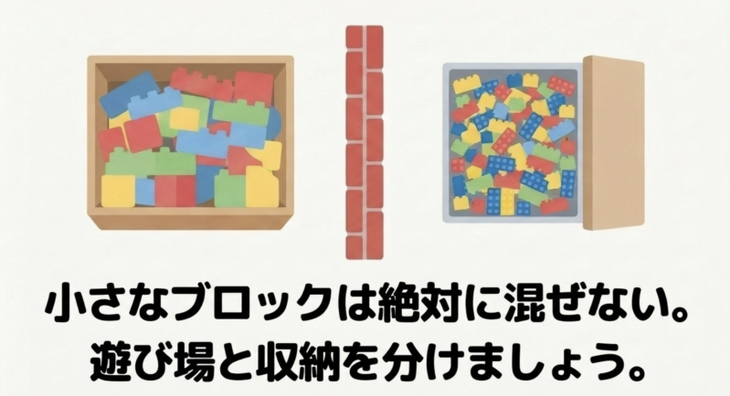 ブロックのイラストと「小さなブロックは絶対に混ぜない。遊び場と収納を分けましょう。」というメッセージ